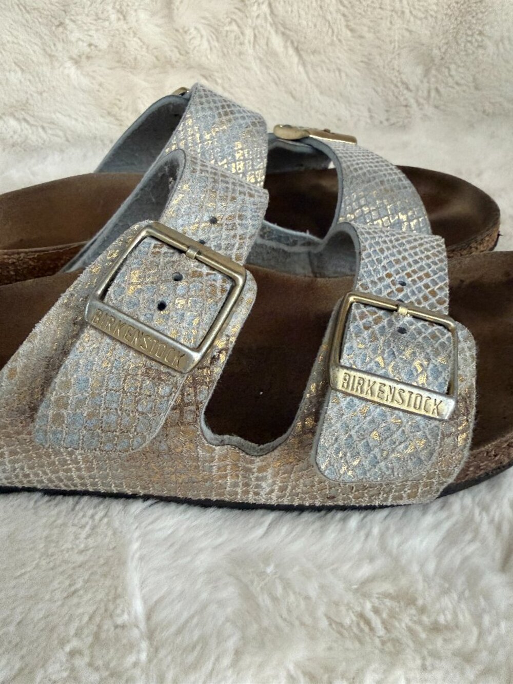 Birkenstock Arizona Shiny Python Two-Strap Dusty Blue Slide Sandal Size: EU36 - Picture 5 of 16